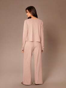 Lazeform 3pcs Women's Solid Color Casual Loungewear Set - Button-Up Long Sleeve Top And Spaghetti Strap Long Pants, Autumn/Winter - Pink - View 2