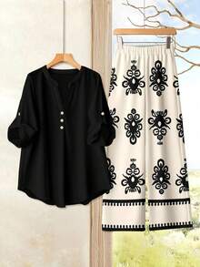 Rusticease 2pcs/Set Women's Black Cuffed Sleeve Blouse + Bohemian Apricot Print Pants - Elegant Style Spring/Summer Outfit For Tropical Island Wedding, Anniversary, Bridesmaid Party, Date Night, Wedding G - Khaki - View 6