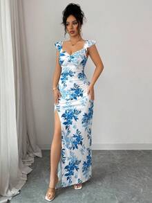 Arcane Artistry 新款夏季优雅短袖V领开衩连衣裙，夏威夷海滩风修身长裙，适合旅行、度假、约会、派对等场合。 - 彩色 - 查看 6