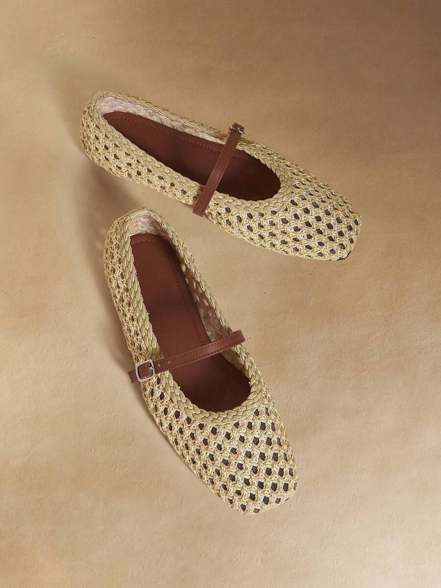 Rosivie Stilvolle und elegante Mesh-Ausschnitt-Flache Damenschuhe, modisch und bequem, französische quadratische Zehenspitze elegante Flache Schuhe - Naturale 1 - Übersicht 1