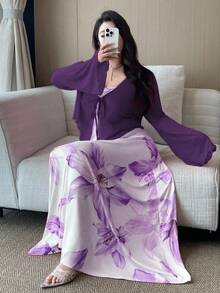 Vibekara 大码女装两件套：纯色长袖前系带罩衫和印花连衣裙 - 彩色 - 查看 1