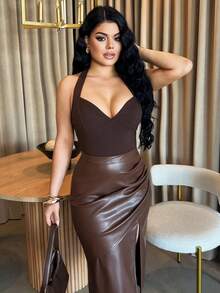 Dayanna Comas Women's Solid Color Minimalist Halter Neck Camisole, Everyday Wear - Coffee Brown - View 6