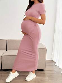 SHEIN 孕妇纯色圆领短袖侧开衩连衣裙 - 粉色 - 查看 3