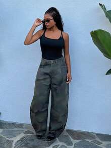 Tyla Gomez Fashionable Casual Street Style Pleated Camouflage Low Waist Super Wide Leg Jeans - Army Green - View 5