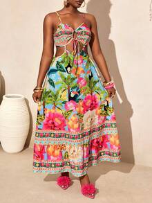 BamGleam 女士热带印花镂空系带露背吊带连衣裙，度假沙滩装 - 彩色 - 查看 4