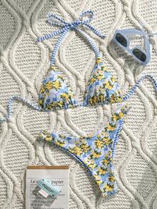 Swim Mod Women's 2pcs Lemon Random Print V-Neck Halter Tie Bikini Set Set, Summer Casual - Multicolor - View 2