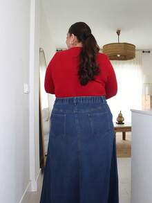 Pretty and Ole 水洗猫须毛边A字长款牛仔半身裙，四季皆宜 - 中等水洗藍 - 查看 2