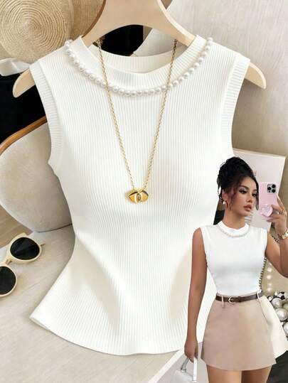 Elenzga Women's Solid Color Faux Pearl Decor Crew Neck Casual Tank Top