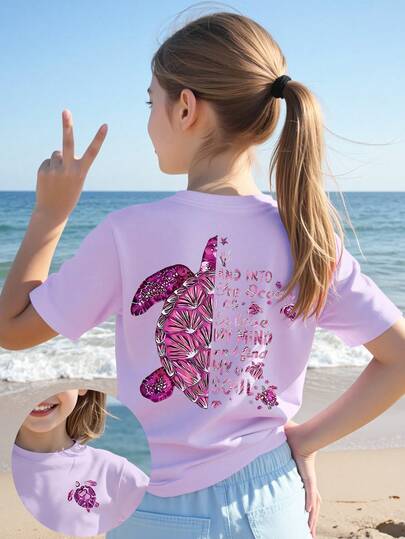 春夏女童休闲时尚创意个性清新简约别致小海龟图案字母标语印花紧身短款T恤，白色/蓝色/黄色，舒适日常穿着，温暖的夏秋款式，适合春、夏、秋季穿着。