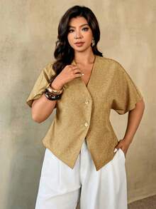 Auralis Camisa de uso diario versátil de talla grande, de unicolor y cuello en V de abotonadura sencilla - Amarillo - Ver 5