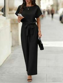 Editum 女士新款优雅圆领连体裤，收腰设计，显瘦塑形，抗皱，适合通勤，配有腰带 - 黑色 - 查看 6