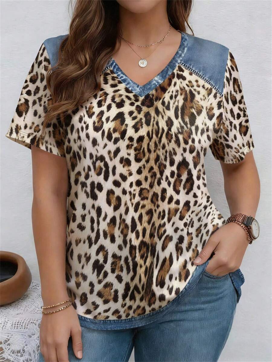 EMERY ROSE Leopard Print Patchwork V-Neck Short Sleeve Casual Plus Size T-Shirt, Spring & Summer - Multicolor - View 1