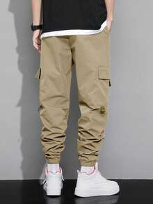 Manfinity Hypemode Loose Men's Expression Print Flap Pocket Drawstring Waist Cargo Pants - Khaki - View 2