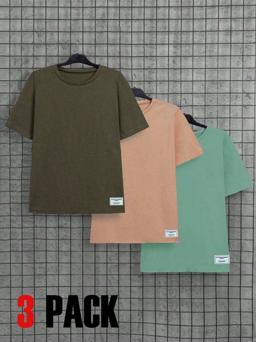 RueChic Men 3pcs Pack Label Detailed Regular T-Shirt - Multicolor - View 1