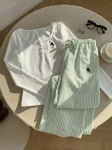 Conjunto de 2 piezas de : camiseta de manga corta con cuello redondo y pantalones cortos estampados casuales, color marrón vintage con cordón ajustable - Verde - Ver 4