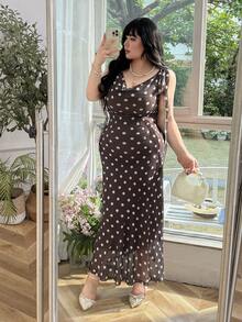 CovetEZ 大码女式波点印花宽松领无袖优雅连衣裙 - 棕色 - 查看 9