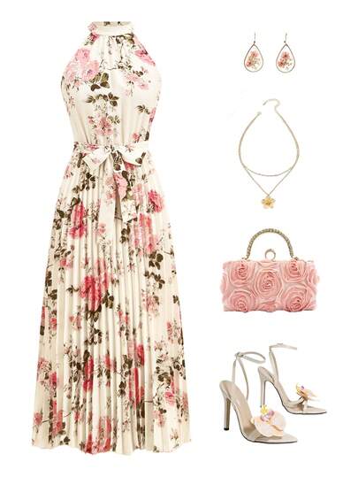 Ellevyn 女士印花褶裥下摆优雅吊带连衣裙