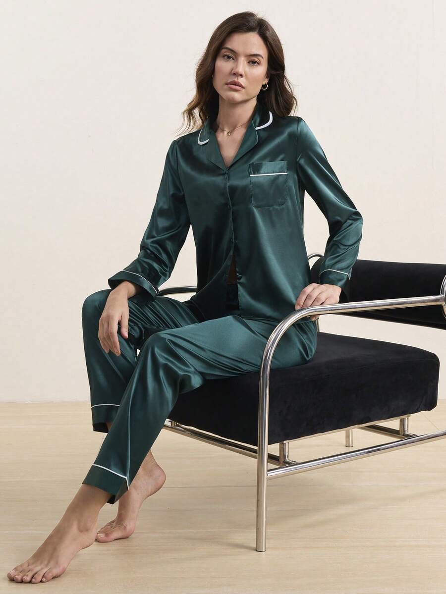 Moireta Button Front Lapel Collar Top & Pants Satin PJ Set / Pajama Set, Fall Winter Clothes Cozy And Elegant Details - Dark Green - View 1