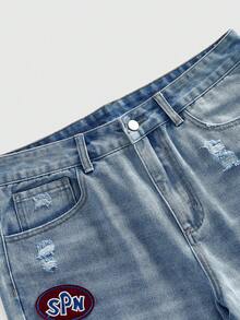 ROMWE MEN Patch Distressed Casual Loose Fit Men's Denim Shorts - Blue - View 3