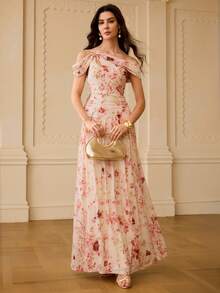 ZEYLAH Đầm cổ lệch in hoa thanh lịch, thích hợp cho mùa xuân/hè. - Hồng - Xem 5