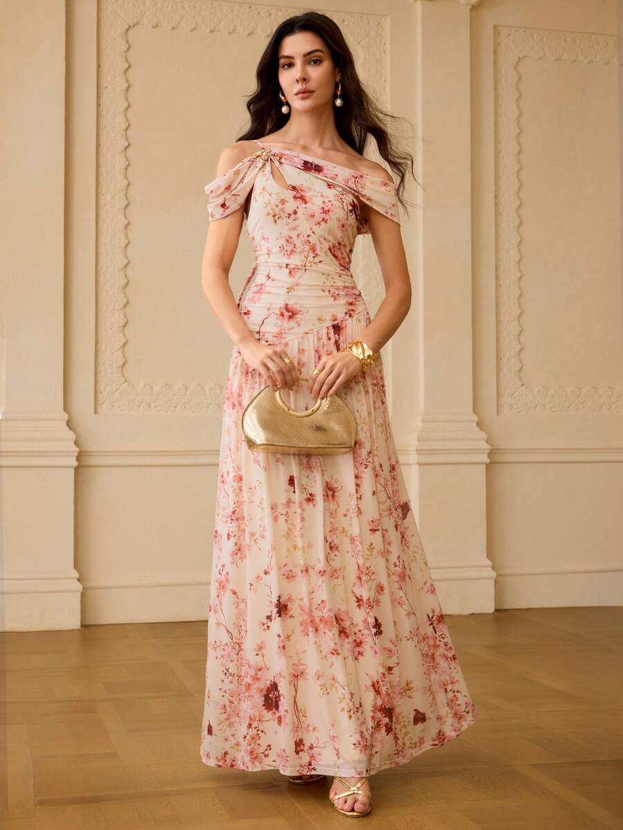 ZEYLAH 优雅印花不对称领连衣裙，春夏款 - 粉色 - 查看 1