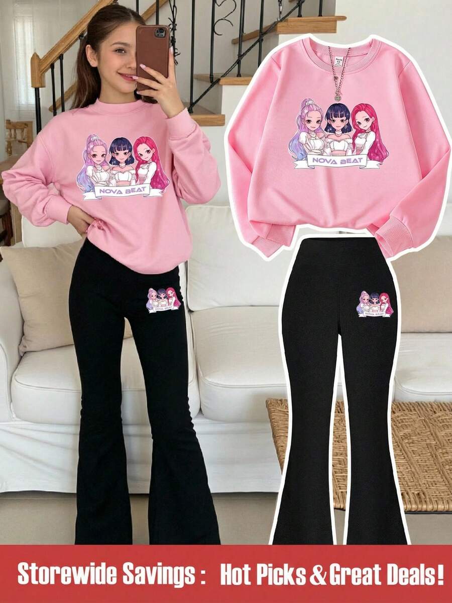 SHEIN 2 件套女孩休闲 K-Pop 卡通人物图案印花粉色运动衫和黑色紧身裤套装，秋冬装，非常适合 K-Pop 粉丝和日常穿着 - 彩色 - 查看 1