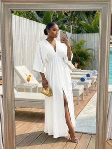 SHEIN CURVE+ Đầm size lớn màu trơn cổ V sâu xẻ đùi, đầm đi du lịch, lễ tốt nghiệp, phong cách thường ngày mùa xuân - trắng - Xem 6