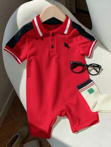 SHEIN Neugeborenes Baby Unisex bequemer, atmungsaktiver, kühler und feuchtigkeitsableitender weißer gestrickter Kurzarm-Romper, geeignet für Innen, Außen, Alltag, Sport, Spiel, Party, Fotoshooting, Urlaub, Festivals, Hochzeit, Babyparty und 1. Geburtstagsfeiern - Rot - View 8