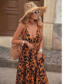 Brillora 女士性感豹纹深V领交叉露背连衣裙，适合海滩度假 - 鏽棕色 - 查看 5