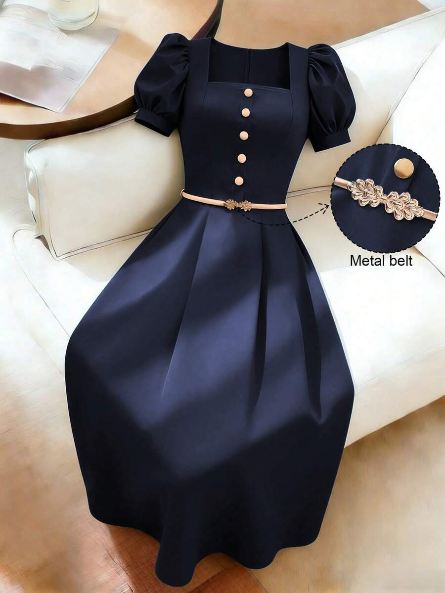 SHEIN Franclia Elegant Versatile Casual Commuter Navy Blue Button Decor Waist Cinched Midi Dress For Women, Spring/Summer - Navy Blue - View 1