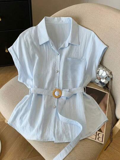 GlowEve CURVE Women's Casual Elegant Vacation Shirt, Blue Woven Textured Crinkle Fabric, Shirt Collar Open Front Metal Buckle Waist Belt Cinched Shoulder Short Sleeve Blouse, Fresh And Breezy, Suitable For Teachers, Students, Casual Commute, Beach Vacation, Women's Graceful Top, Women's Vacation Top, Spring/Summer Outfit