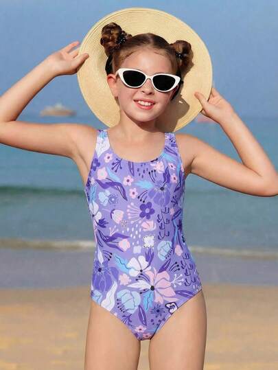 SHEIN 1pc Girls' One-Piece Swimsuit, New Arrival. Purple Floral Pattern Fabric, Contoured Design To Flatter Figure, Unique Style. Minimalist Urban Vibe, Suitable For Girls' Vacation, Beach, Swimming, Water Park Wear, Surfing, Beach Party