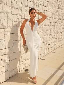 Maria Perezxox Vestido maxi elegante con cuello en V profundo y halter, de color amarillo crema, sexy, para primavera/verano. Vestidos elegantes para mujer, vestido blanco sin espalda, vestido blanco de sirena, vestido blanco de noche formal, para el Día de San Valentín, atuendos de San Valentín para mujer y fiestas - Blanco - Ver 3