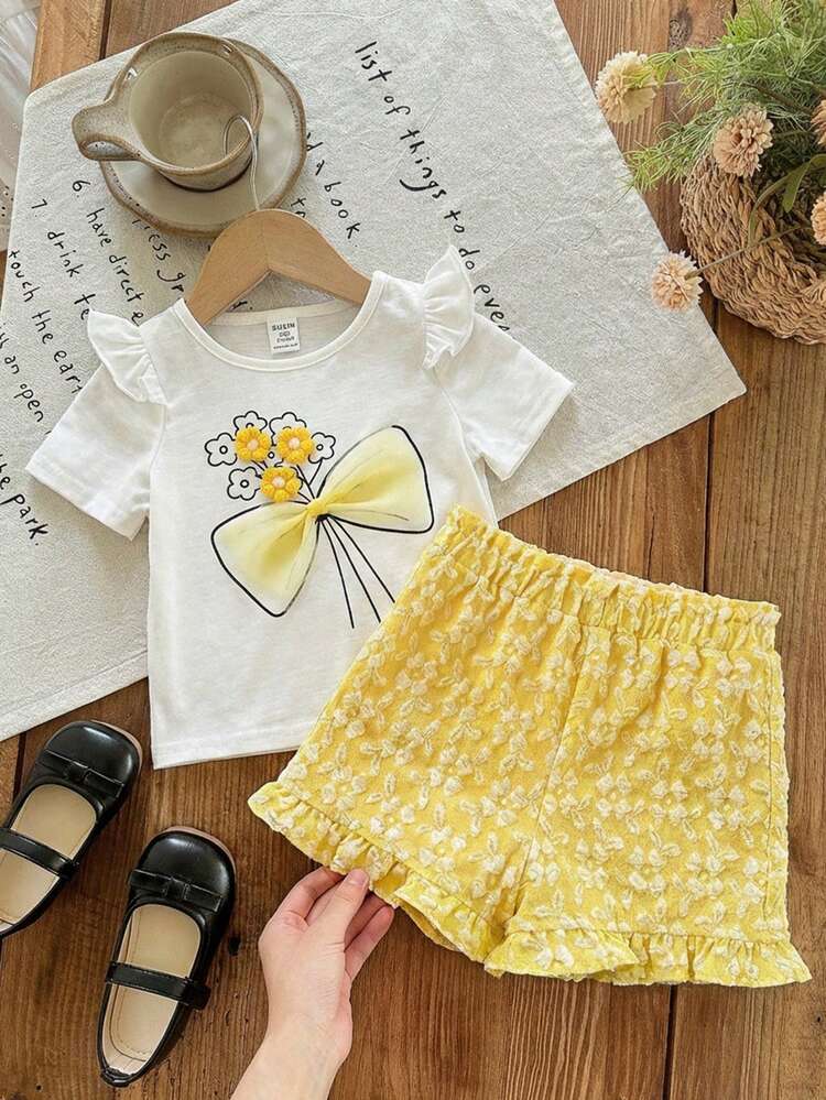 SHEIN Bộ 2 món cho bé gái gồm áo cổ tròn tay bồng in hoa và quần short cạp chun, đa năng, phong cách Hàn Quốc giản dị, dễ thương và vui nhộn, phù hợp cho mặc ở nhà, du lịch và nghỉ mát. Màu vàng hoa, quần áo mùa hè màu vàng cho bé gái, bộ đồ hoa cúc, trang phục mùa hè màu trắng và vàng cho bé gái, quần áo bé gái, áo thun in hình cho bé gái. - Nhiều màu - Xem 3