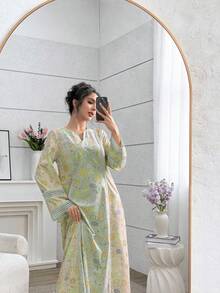 Yasmyna 浪漫花卉蕾丝拼接宽松时尚女式连衣裙 - 淡黃色 - 查看 4