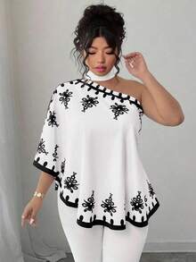 SHEIN CURVE+ قميص مطبوع متعدد الاستخدامات ذو كتف غير متماثل مقاس كبير - متعدد الألوان - مشاهدة 5
