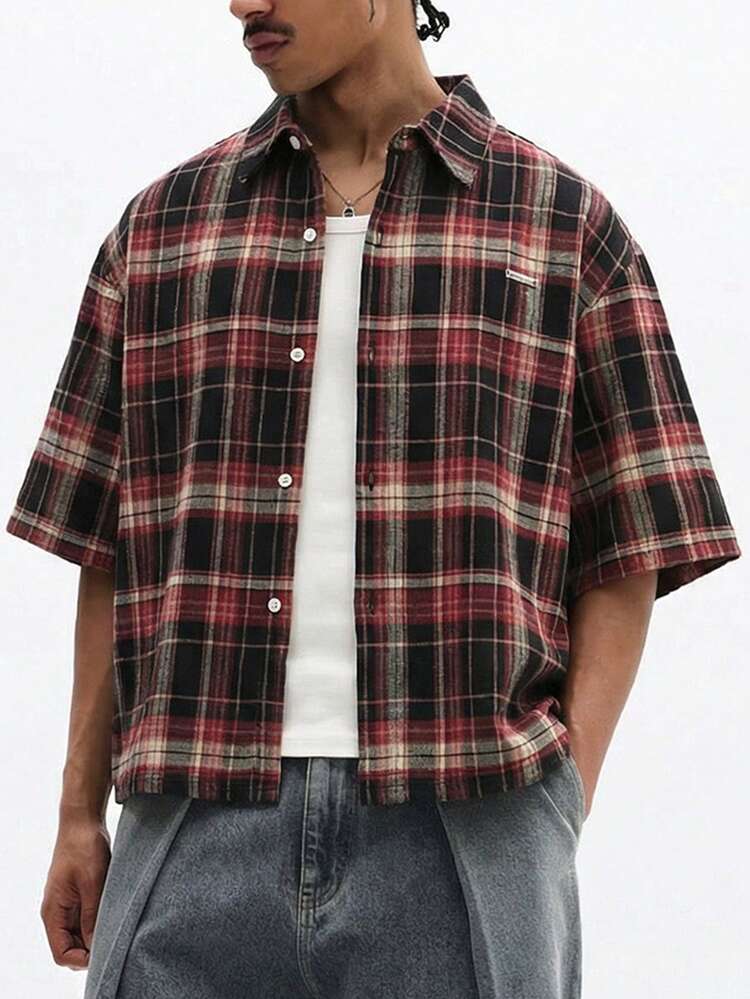 Camicia casual da uomo a maniche corte in cotone flanella a quadri rossi e neri, con bottoni, adatta per il weekend, vestibilità rilassata
