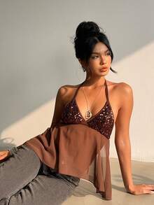 Aloruh Women's Elegant Tie-Up Beaded Embroidered Patchwork Brown Backless Camisole,Sequin Top,Summer Top - Brown - View 8