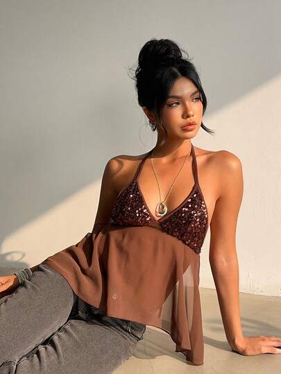 Aloruh Women's Elegant Tie-Up Beaded Embroidered Patchwork Brown Backless Camisole,Sequin Top