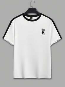 Manfinity Homme 国王皇冠字母印花T恤，宽松休闲美式街头风短袖上衣，黑白撞色圆领T恤，男士新款夏季撞色T恤，皇冠和K字母简约印花，复古美式国王皇冠短袖T恤 - 彩色 - 查看 1