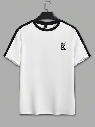 Manfinity Homme 国王皇冠字母印花T恤，宽松休闲美式街头风短袖上衣，黑白撞色圆领T恤，男士新款夏季撞色T恤，皇冠和K字母简约印花，复古美式国王皇冠短袖T恤