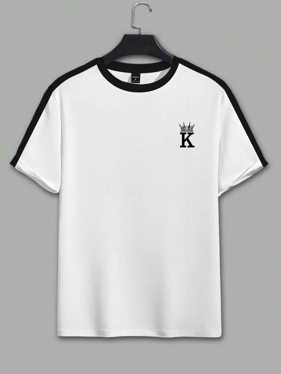 Manfinity Homme 国王皇冠字母印花T恤，宽松休闲美式街头风短袖上衣，黑白撞色圆领T恤，男士新款夏季撞色T恤，皇冠和K字母简约印花，复古美式国王皇冠短袖T恤 - 彩色 - 查看 1