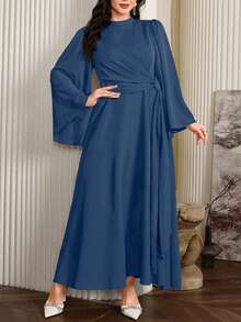 Modelyn Đầm maxi dài xòe rộng cổ khăn choàng dành cho nữ cỡ lớn, màu đỏ đậm thanh lịch. - Màu xanh lam - Xem 6
