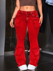 Jeanoix Damen Jeans in Große Größen mit ausgefranstem Saum und weitem Bein, lässige Mode - Rot - Übersicht 4