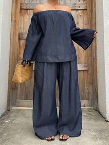 Dazy Plus Bộ đồ denim màu tối gồm 2 món: Áo denim dáng rộng trễ vai và quần jeans ống rộng, thích hợp cho mùa xuân/thu. - Rửa tối - Xem 5