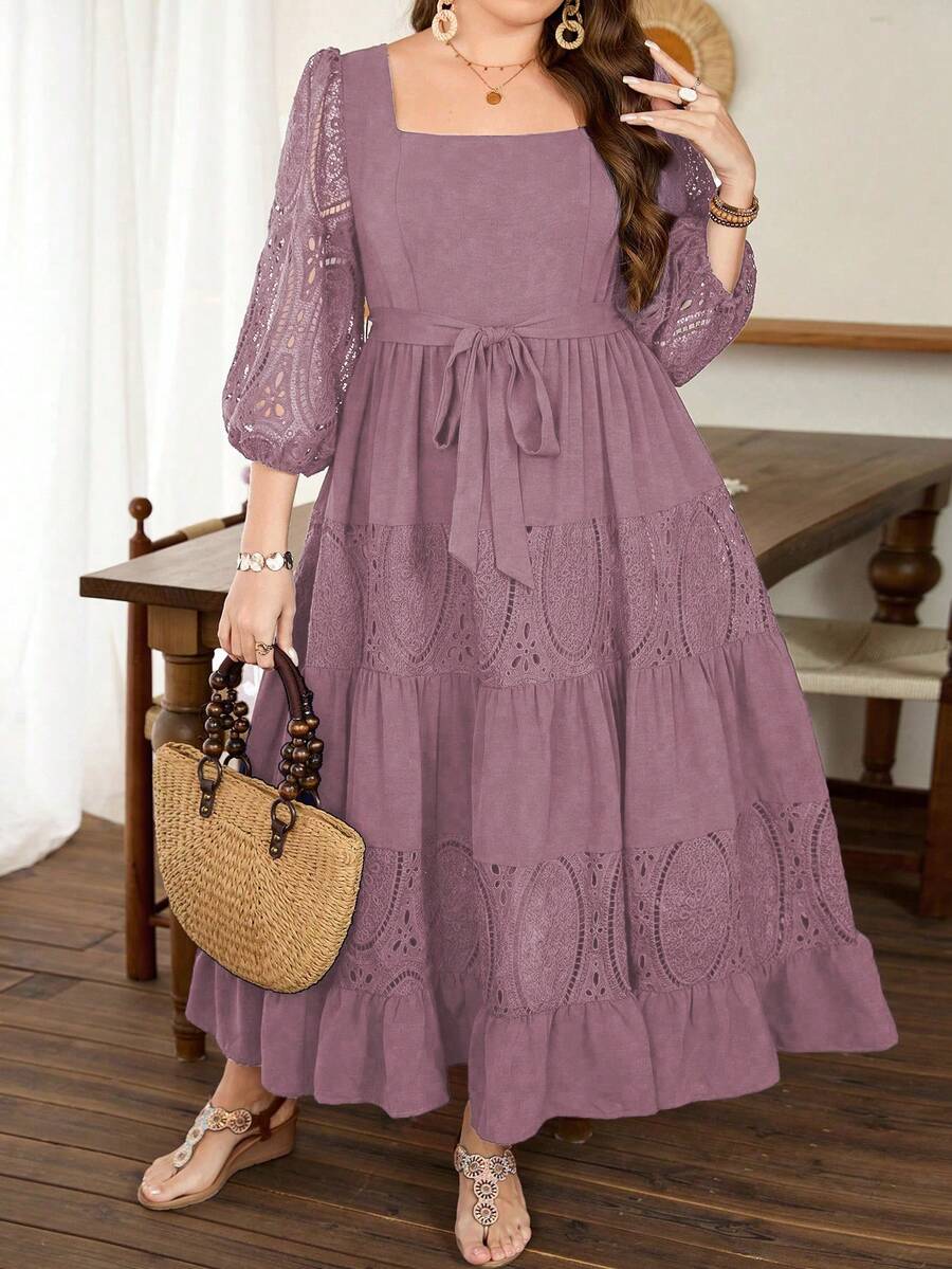 Lacomfia Plus Size Women's Square Neck Lantern Sleeve Tie-Waist Ruffle Hem Embroidery Patchwork Elegant Dress - Pink - View 1