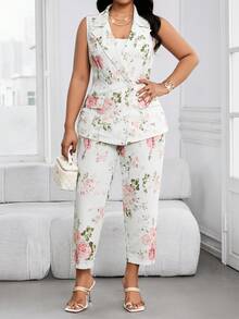 SHEIN Lady Plus Size Women's Elegant Floral Print Lapel Collar Double-Breasted Vest And Pants 2-Piece Suit Set, Suitable For Work Commute, Spring/Summer/Autumn Women 2 Pieces Sets Floral 2 Pieces Set Top And Pants Set For Women Pant Suit Summer Sets Women Suit Sets Ladies Floral Two Pieces Suits Woman Flower Print 2 Pieces Set Women's Business Casual Floral Pantsuits Elegant Two Pieces Sets For Women Sleeveless Blazer And Pants Set - Multicolor - View 4