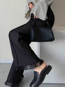 FRIFUL Women's Versatile Solid Color Lace Trim Pants Summer - Black - View 2