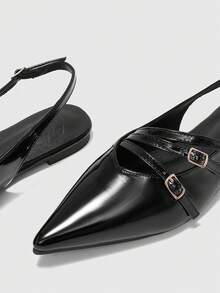 CUCCOO BIZCHIC Women's Pointed Black Patent Leather Glossy Multi-Strap Metal Buckle Rear Strap Fashion Dating Wear Versatile Commuter Flat Shoes - Black - View 7