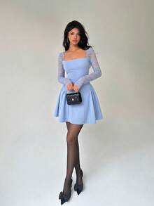 Aloruh Women's Solid Color Light Blue Lace Patchwork Umbrella Skirt - Baby Blue - View 5